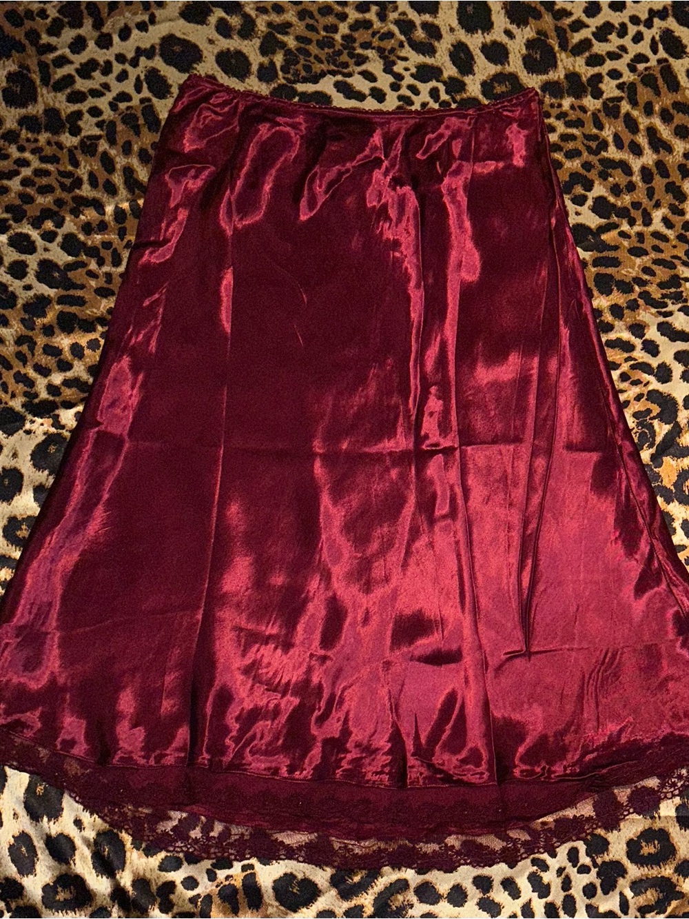 Y2K Angie Deadstock Maroon Satin Silk Slip Skirt with Beaded Lace Trim